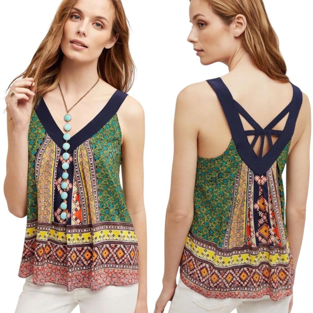 Maeve Green Printed Tank with Navy Trim and Multi Accent